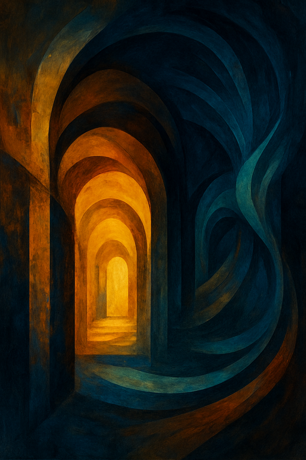 Abstrakcyjna kompozycja symbolizująca mury twierdzy, neogotyckie wieże i rzekę